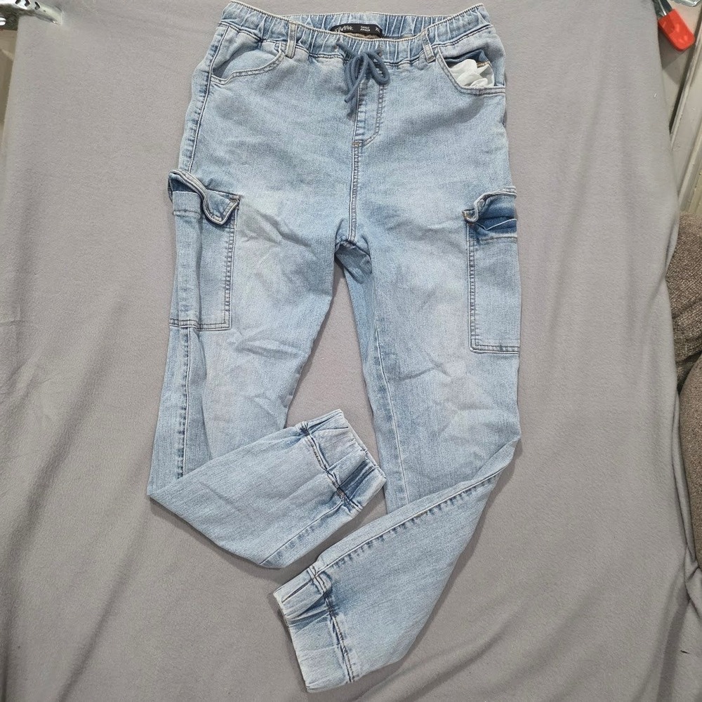 Absolutely Famous Light Wash Denim Cargo Joggers Womens XL Stretch Utility Pants